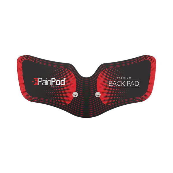 Red and black PainPod premium back pad on a white background