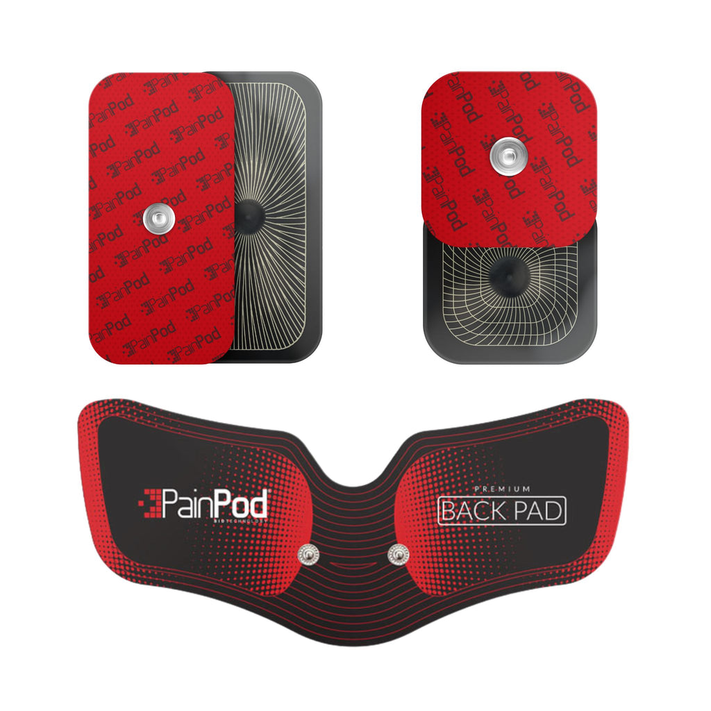 Three PainPod back electrode pads arranged on a white background: two rectangular and two square adhesive pads with red patterned backings and black front grids, and one larger curved back pad in red and black with two silver snap buttons.