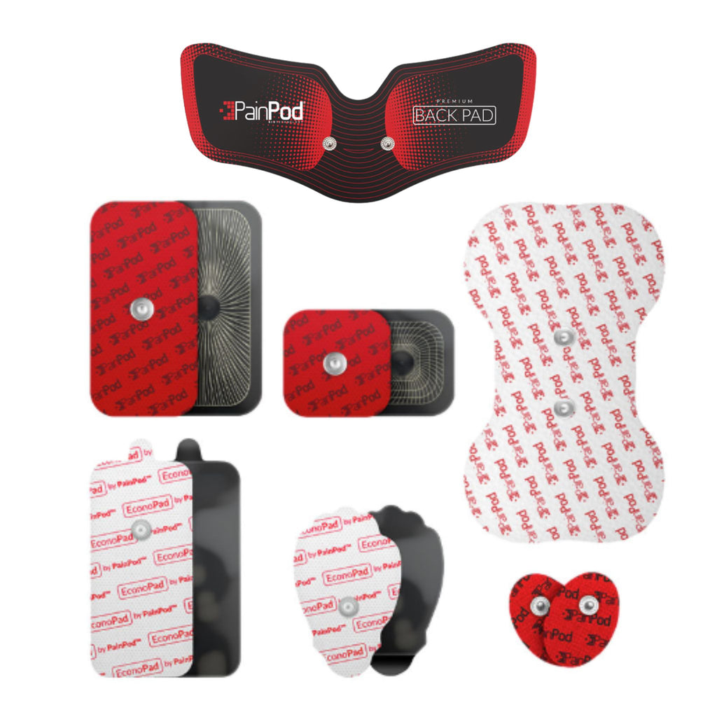 PainPod replacement pad kit with multiple adhesive electrode pads in red, black, and white with the PainPod brand name.